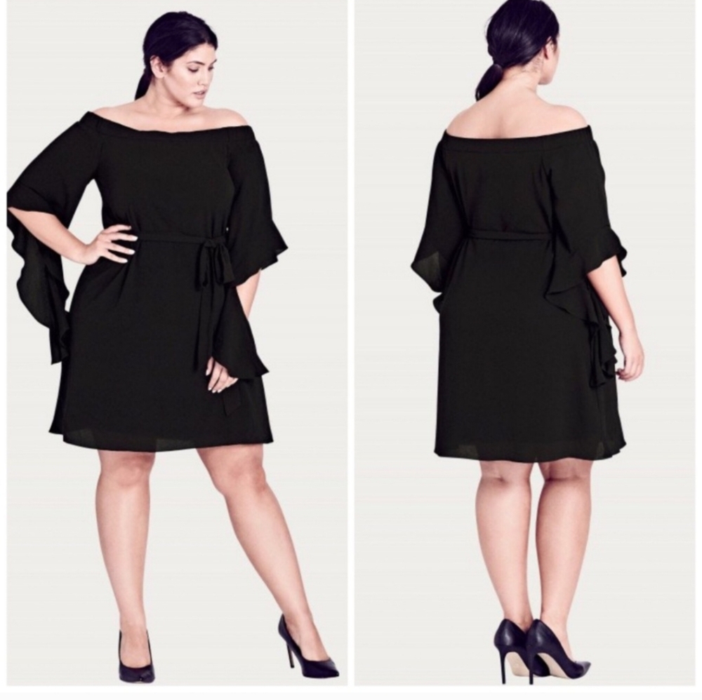 City Chic Off Shoulder Black Dress Bat Wing Witchy Goth Halloween Size 18